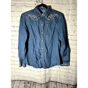 CRAZY COWGIRL LADIES DENIM LONG SLEEVE EMBROIDERED BUTTON FRONT SHIRT (M) EUC GE